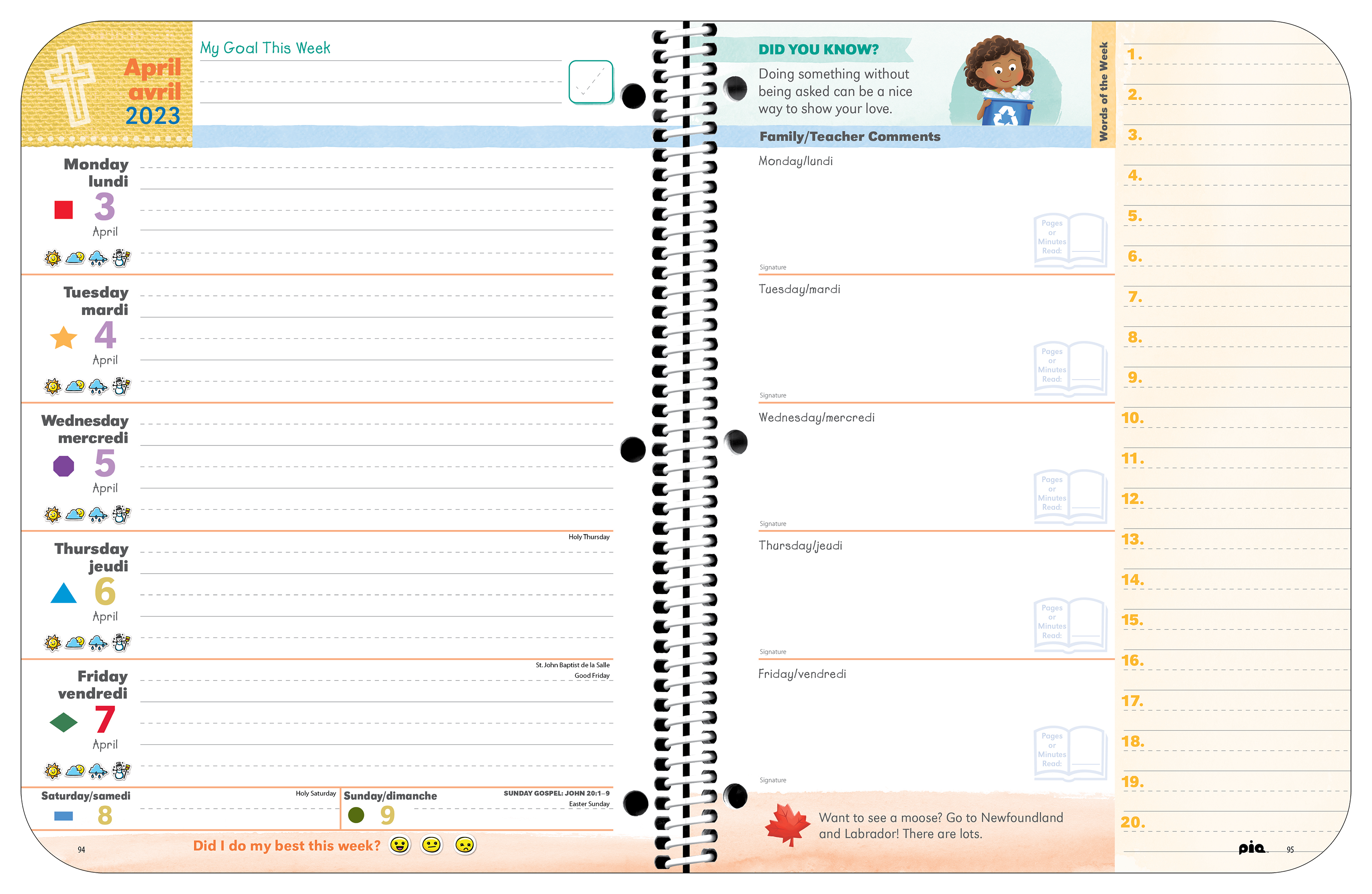 Primary Catholic Faith Planner Spread